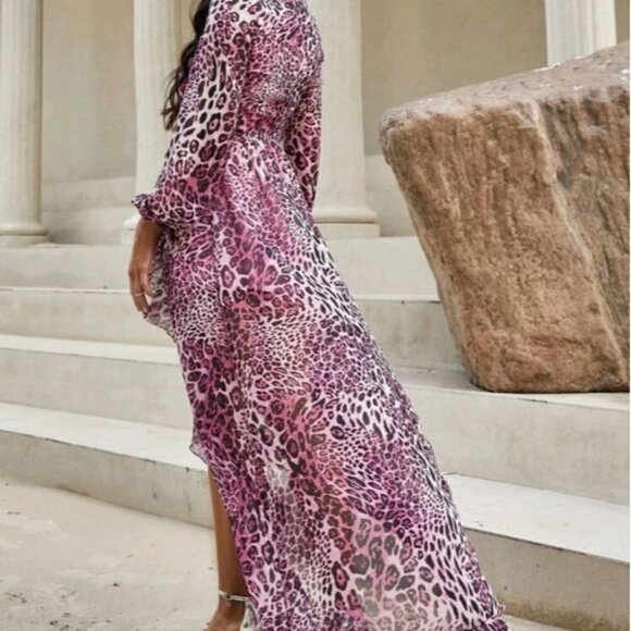 PURPLE LEOPARD BOHEMIAN, WRAP SPECIAL EVENT MAXI DRESS - Picture 3 of 8